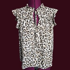 J. Crew Leopard Print Ruffle Sleeve Tie-Neck Blouse Size S